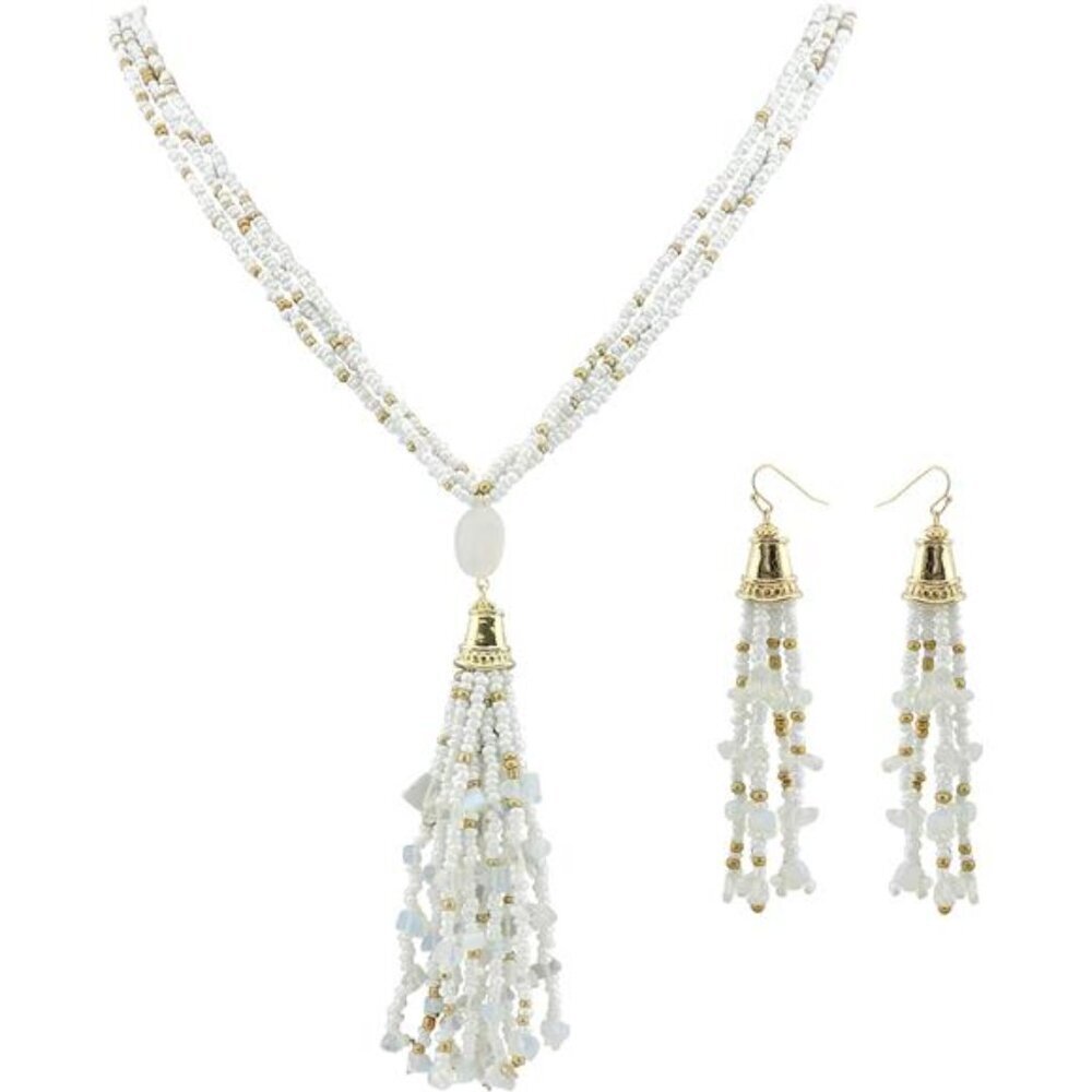 WHITE  Beaded Multi- Strand Statement Necklace and Earring Set Bohemian Beach